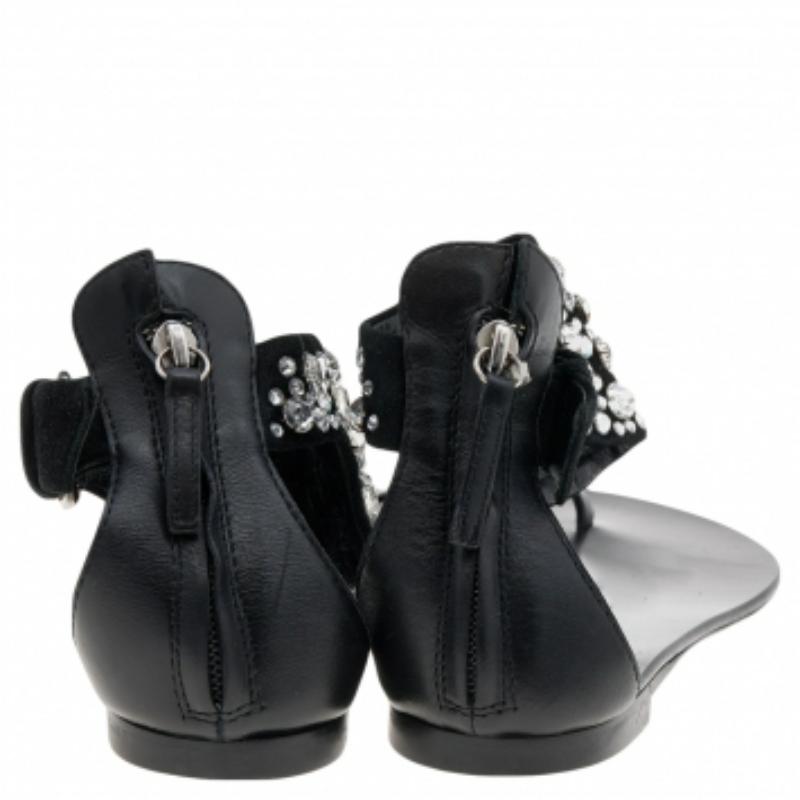 Giuseppe Zanotti Satin & Leather Embellished Ankle Wrap Flat Sandals Size 37 In Good Condition For Sale In Dubai, Al Qouz 2