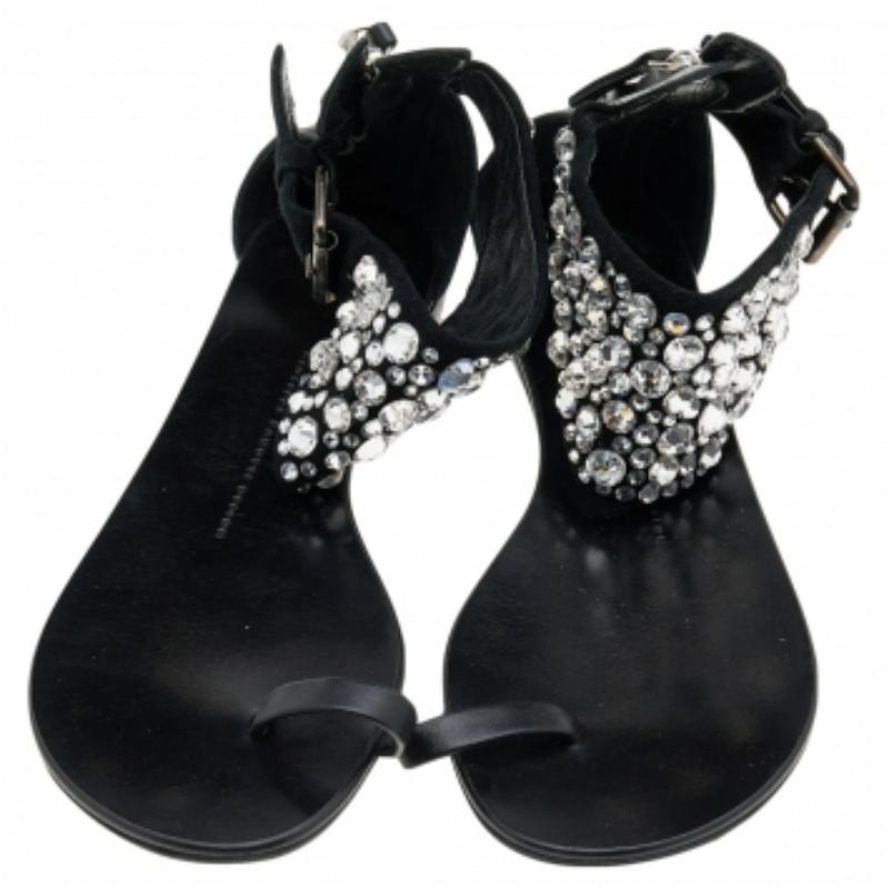 Women's Giuseppe Zanotti Satin & Leather Embellished Ankle Wrap Flat Sandals Size 37 For Sale