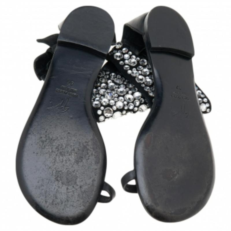 Giuseppe Zanotti Satin & Leather Embellished Ankle Wrap Flat Sandals Size 37 For Sale 1