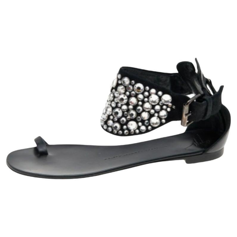 Giuseppe Zanotti Satin & Leather Embellished Ankle Wrap Flat Sandals Size 37
