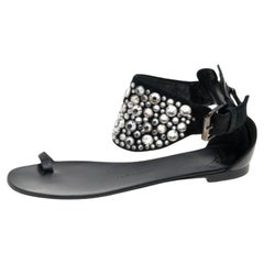 Giuseppe Zanotti Satin & Leather Embellished Ankle Wrap Flat Sandals Size 37