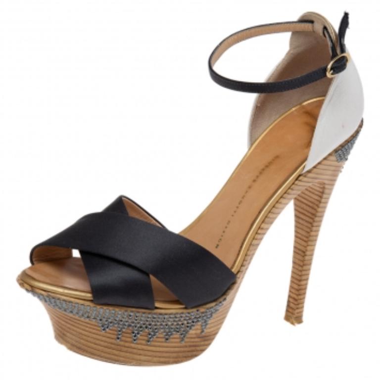 Brown Giuseppe Zanotti Satin & Leather Platform & Heel Ankle Strap Sandals Size 40 For Sale