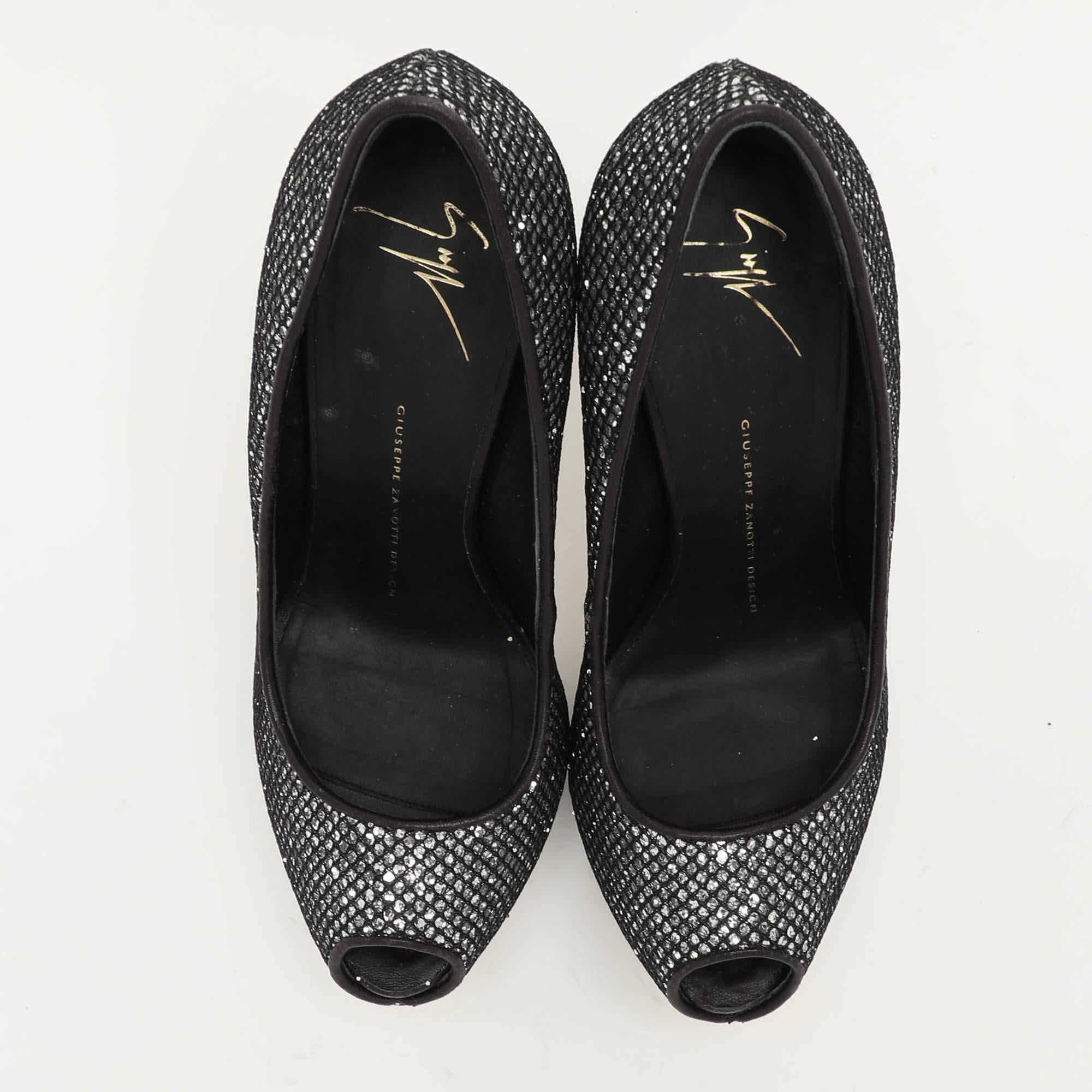 Nero Giuseppe Zanotti Silver/Black Glitter and Leather Platform Pumps Taglia 38 in vendita