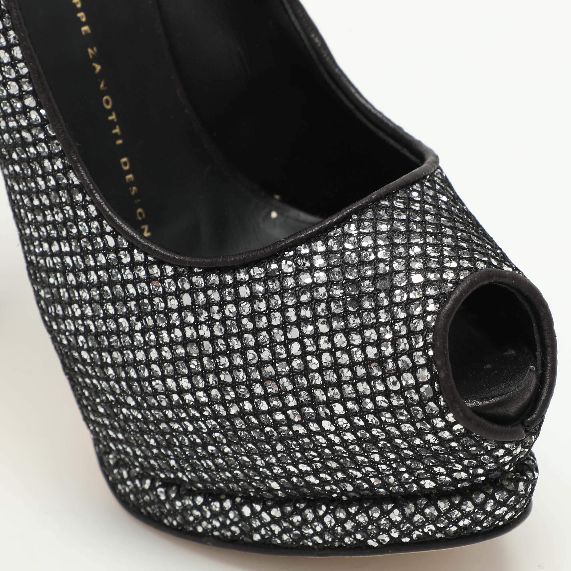Giuseppe Zanotti Silver/Black Glitter and Leather Platform Pumps Taglia 38 in vendita 2