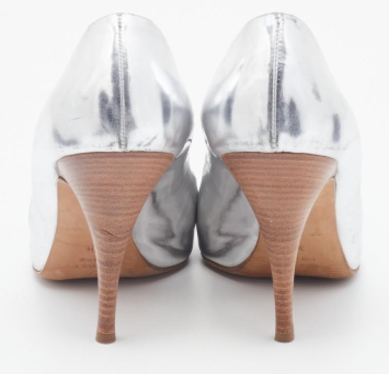 Giuseppe Zanotti Silver/Brown Leather Bow Crystal Peep Toe Pumps Size 37.5 For Sale 1