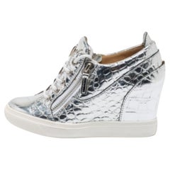 Giuseppe Zanotti Silver Croc Embossed Leather Double Zip Wedge Sneakers Size 37