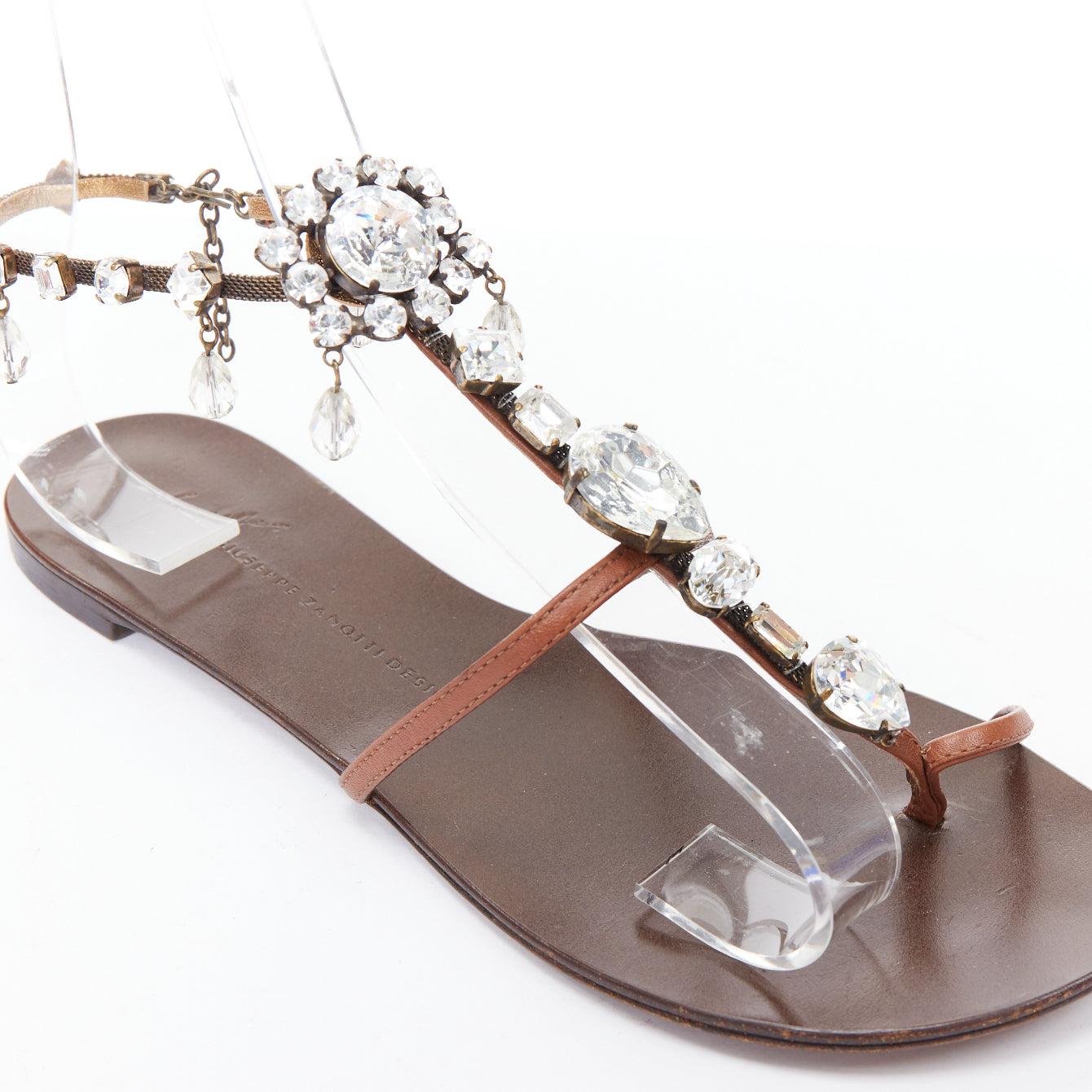 GIUSEPPE ZANOTTI silver crystal tstrap charm flat leather sandals EU37 For Sale 1