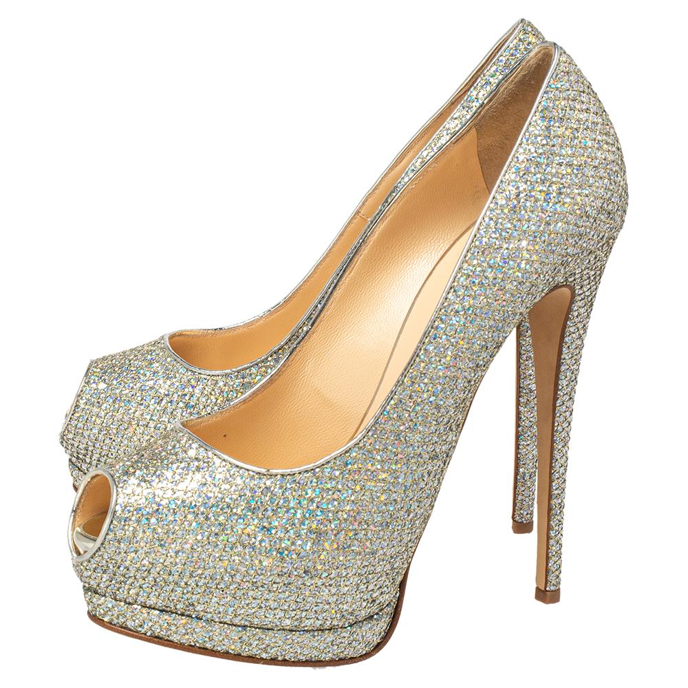 Giuseppe Zanotti Silver Glitter And Leather Sharon Peep Toe Pumps Size 40 For Sale 2