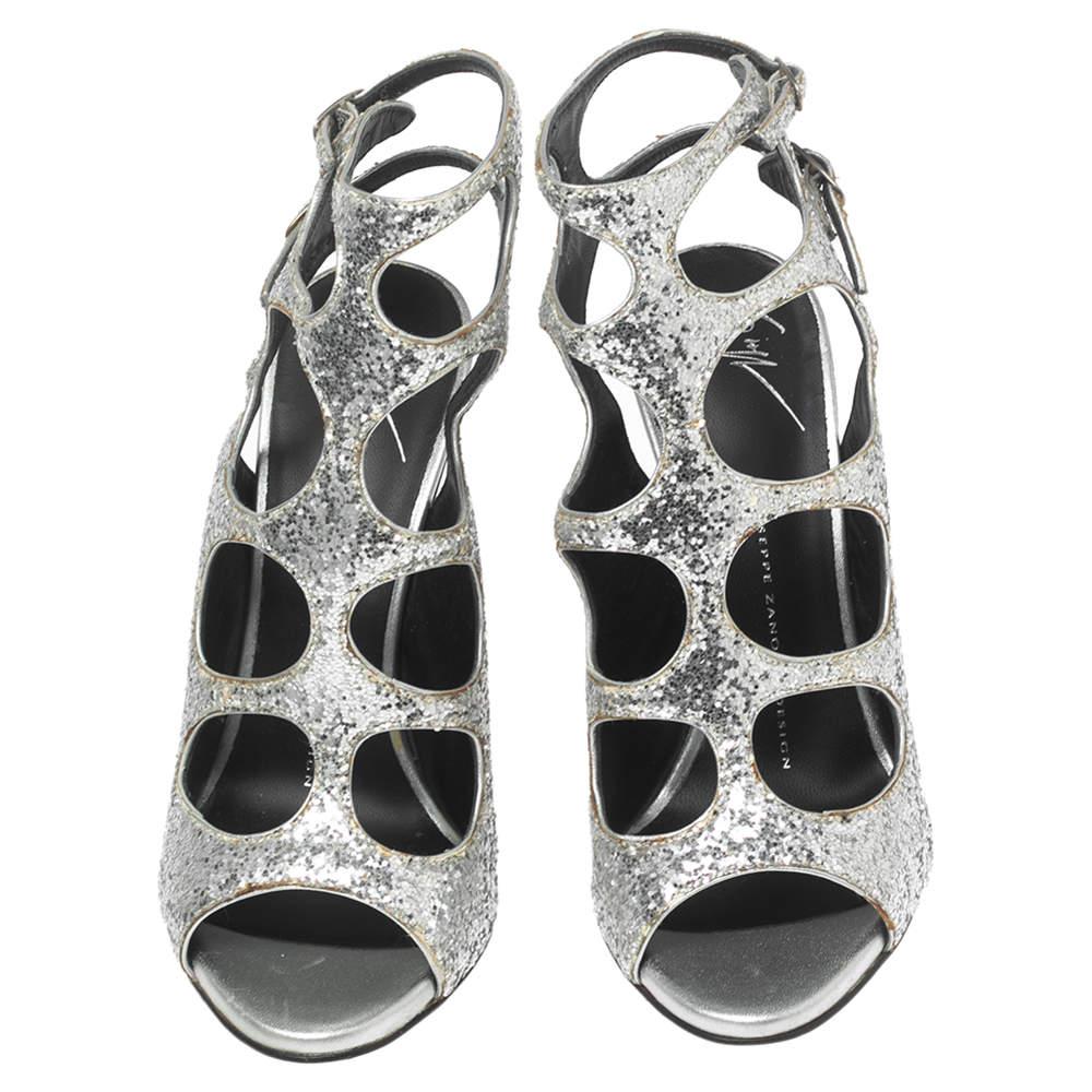 Giuseppe Zanotti Silver Glitter Cut Out Ankle Sandals Size 37 6