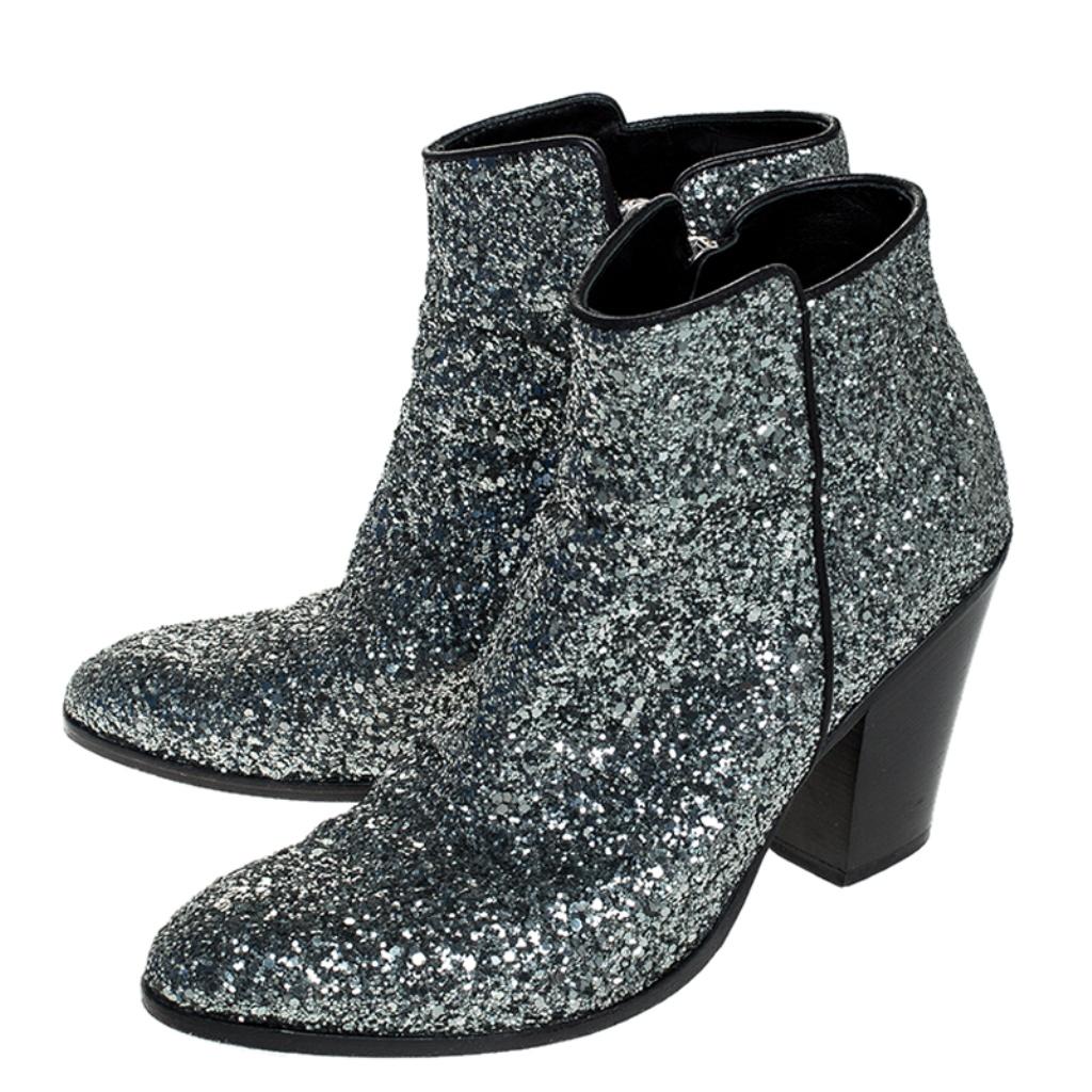 Black Giuseppe Zanotti Silver Glitter Mid Heel Ankle Boots Size 36.5