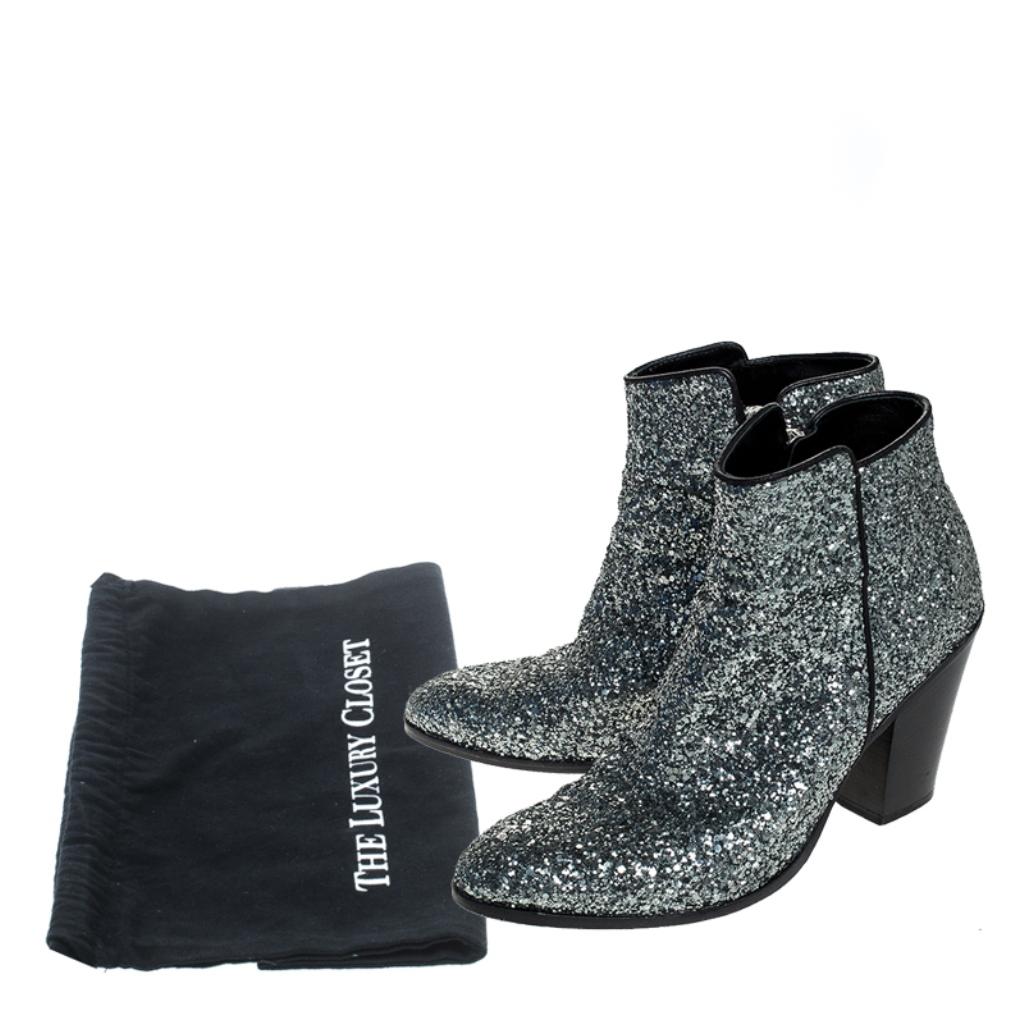 Women's Giuseppe Zanotti Silver Glitter Mid Heel Ankle Boots Size 36.5