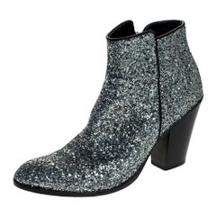 Giuseppe Zanotti Silver Glitter Mid Heel Ankle Boots Size 36.5