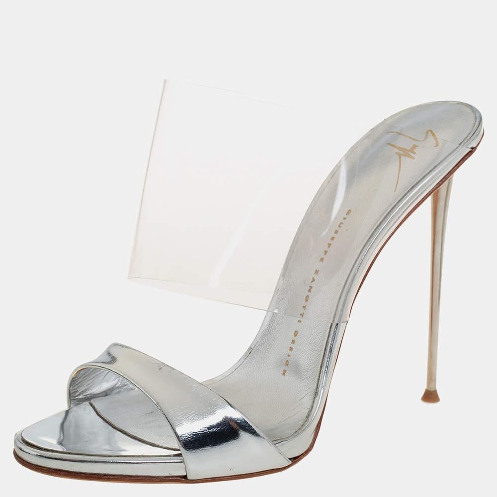 Women's Giuseppe Zanotti Silver Leather And PVC Andrea Mules Size 39