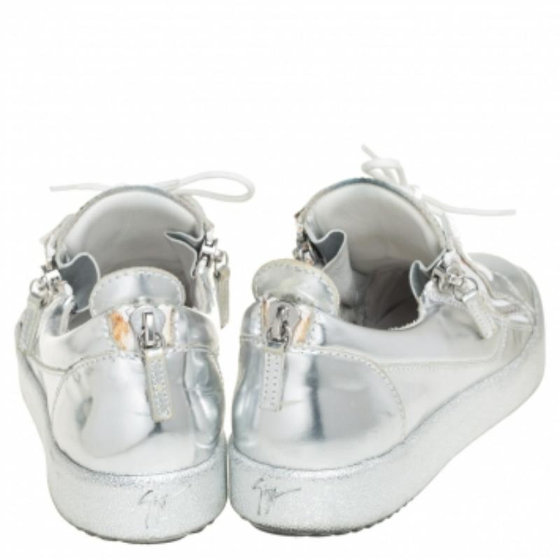 Giuseppe Zanotti Silver Leather Lace up Sneakers Size 40 For Sale 1
