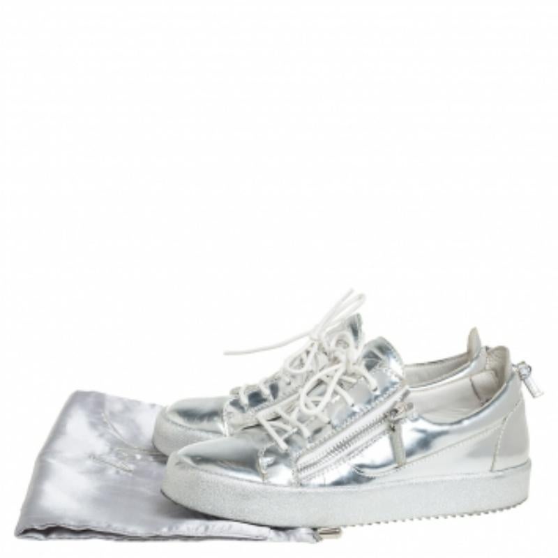 Giuseppe Zanotti Silver Leather Lace up Sneakers Size 40 For Sale 3