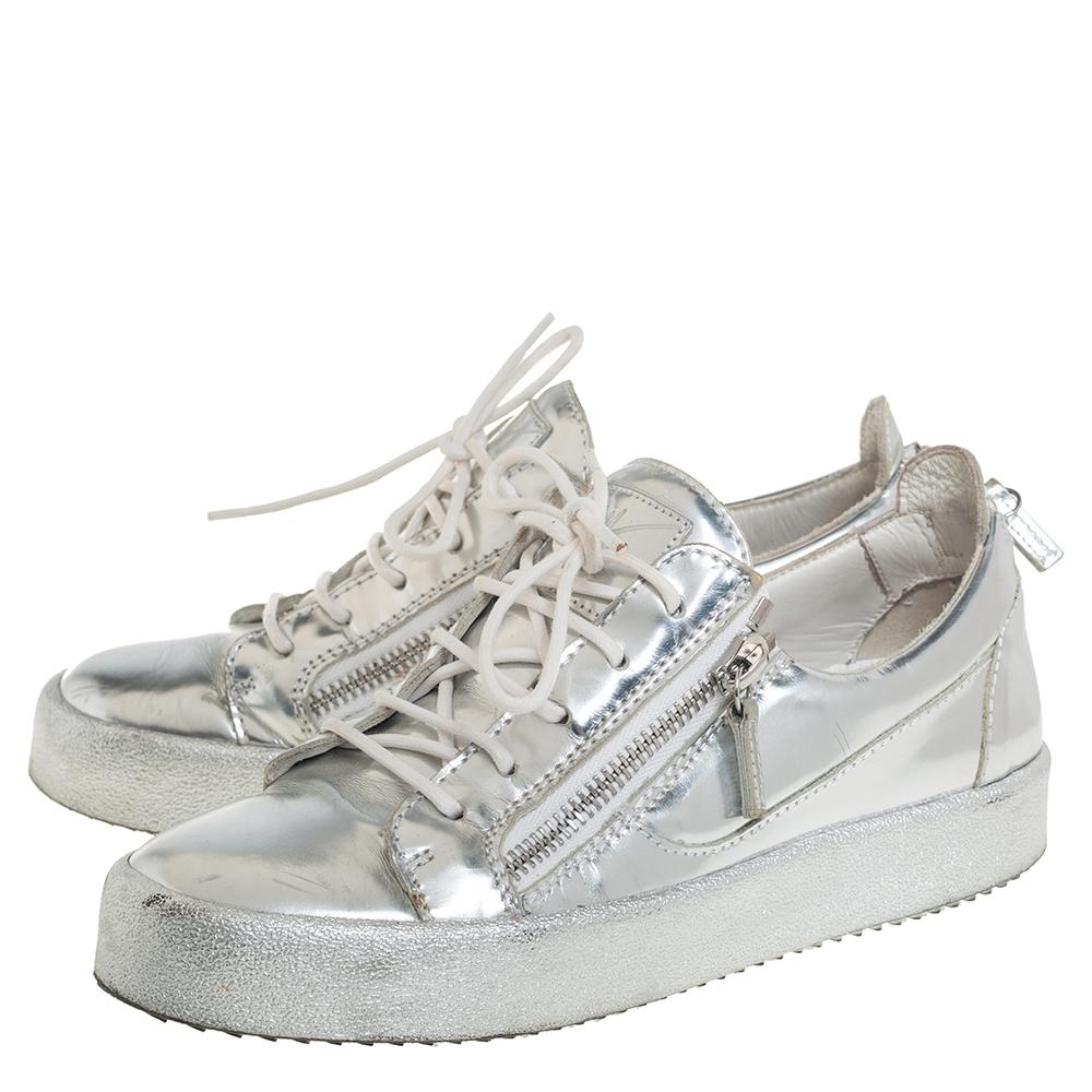 Giuseppe Zanotti Silver Leather Lace up Sneakers Size 40 1