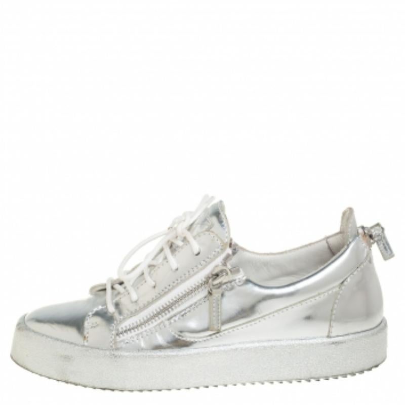 Giuseppe Zanotti Silver Leather Lace up Sneakers Size 40 For Sale 4
