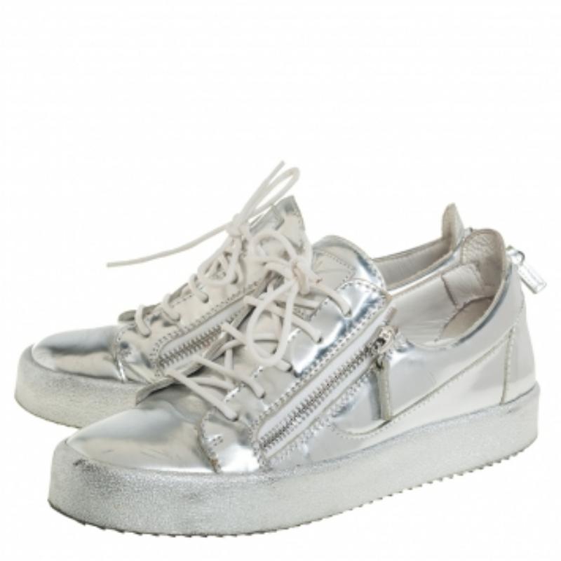 Giuseppe Zanotti Silver Leather Lace up Sneakers Size 40 For Sale 5