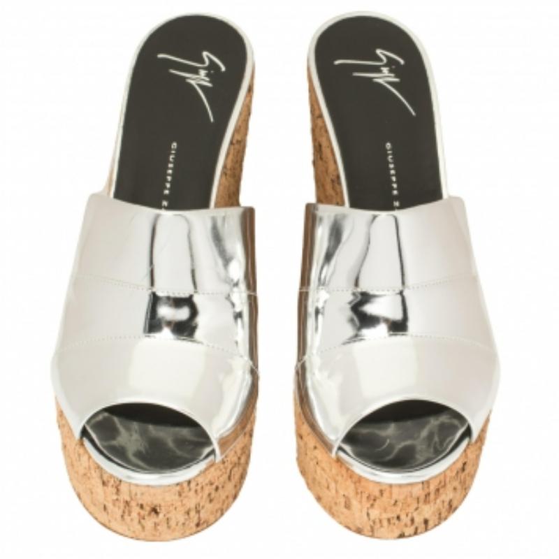 Brown Giuseppe Zanotti Silver Leather Roz Cork Wedge Platform Slide Sandals Size 40 For Sale