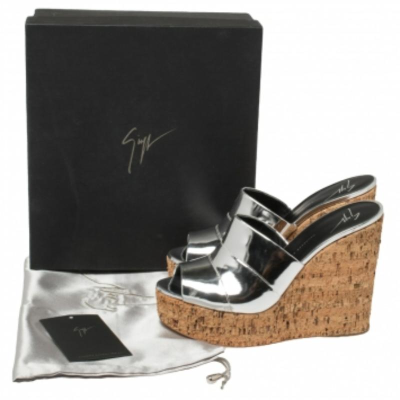 Women's Giuseppe Zanotti Silver Leather Roz Cork Wedge Platform Slide Sandals Size 40 For Sale