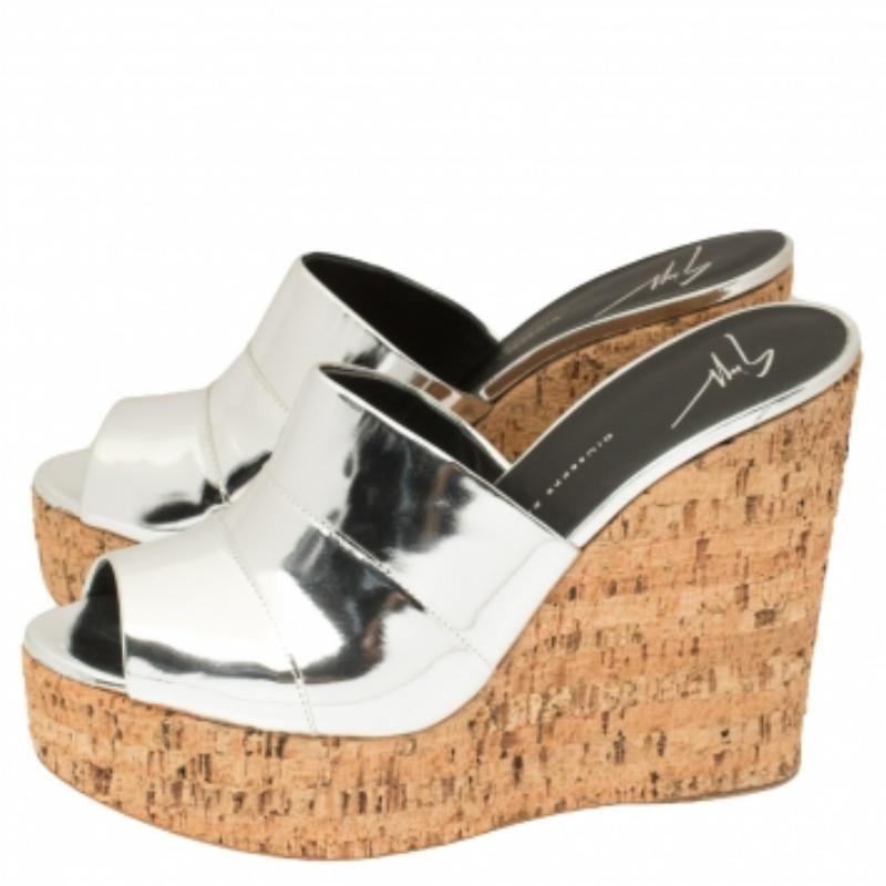 Giuseppe Zanotti Silver Leather Roz Cork Wedge Platform Slide Sandals Size 40 For Sale 3