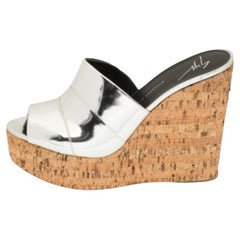 Giuseppe Zanotti Silver Leather Roz Cork Wedge Platform Slide Sandals Size 40