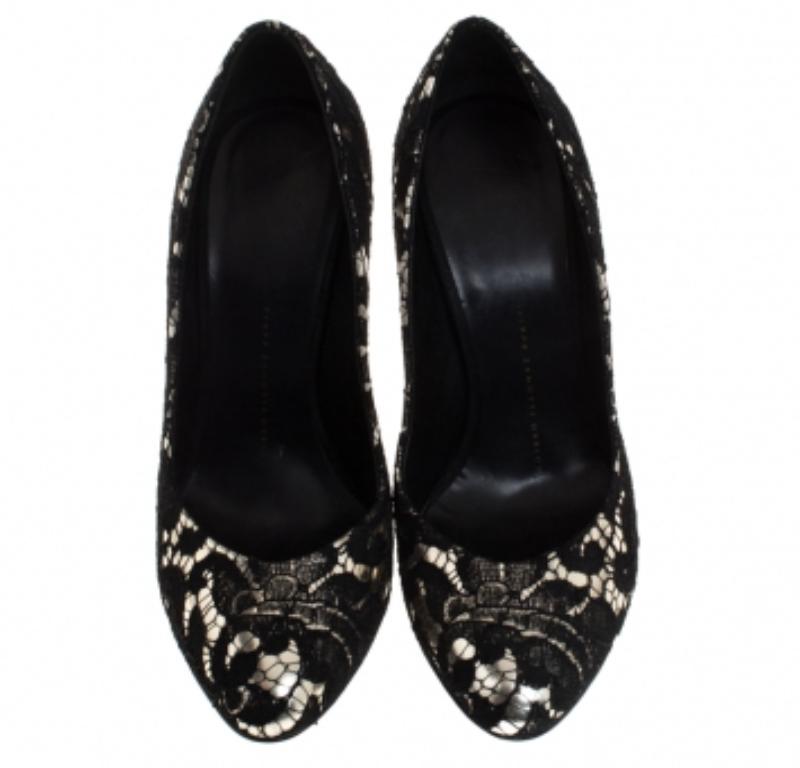 Giuseppe Zanotti Silber Metallic Leder und Schwarze Spitze Pumps Größe 38 Damen im Angebot