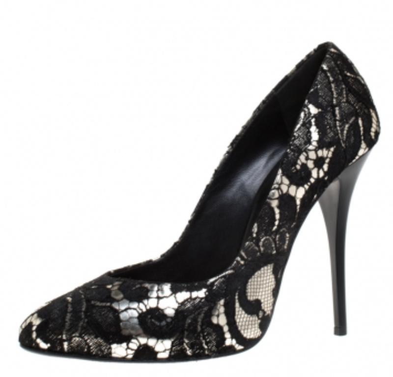 Giuseppe Zanotti Silber Metallic Leder und Schwarze Spitze Pumps Größe 38 im Angebot 2