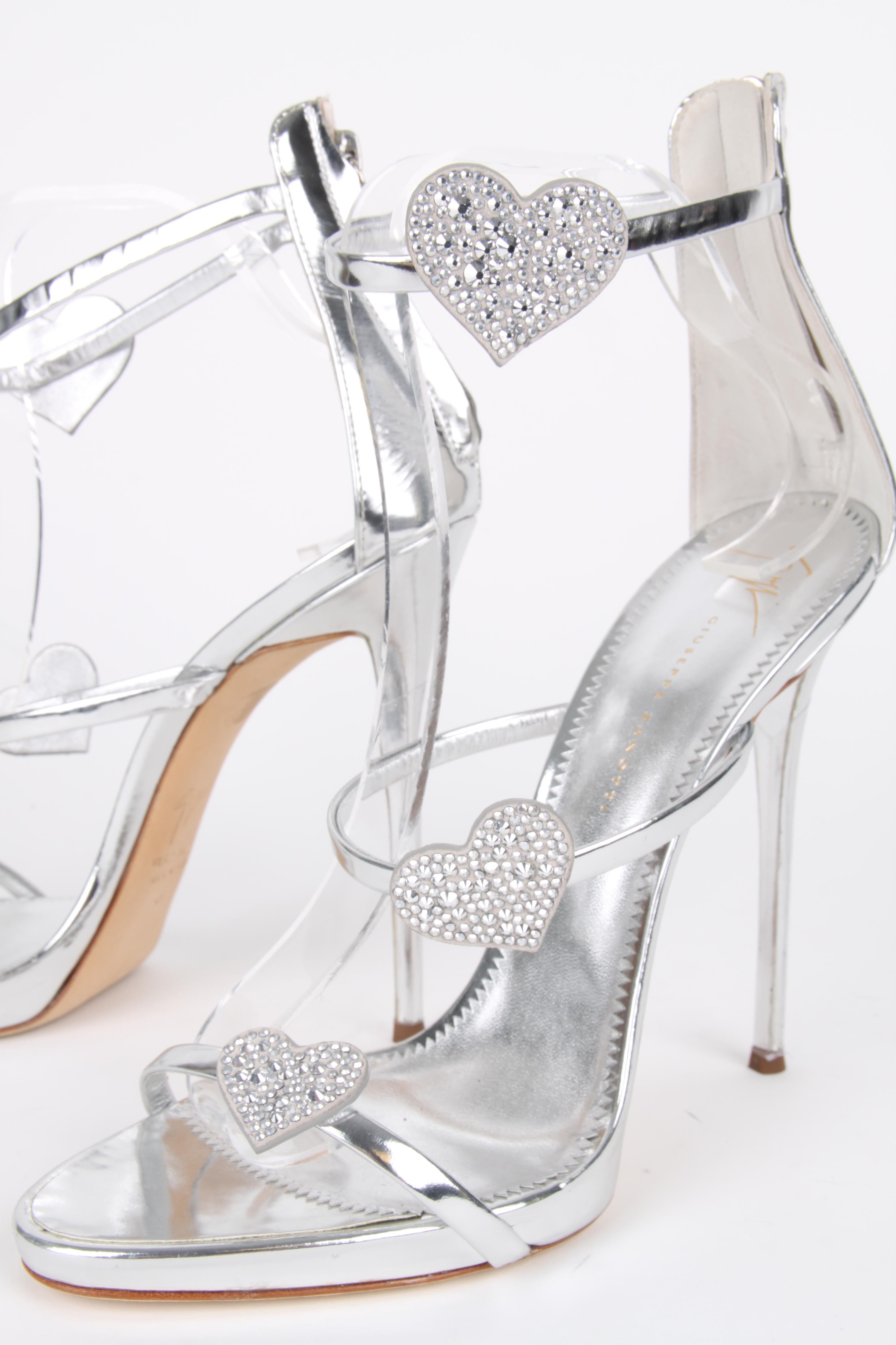 Women's Giuseppe Zanotti Silver Metallic Swarovski Crystal Heart Strappy High-Heel Sanda For Sale