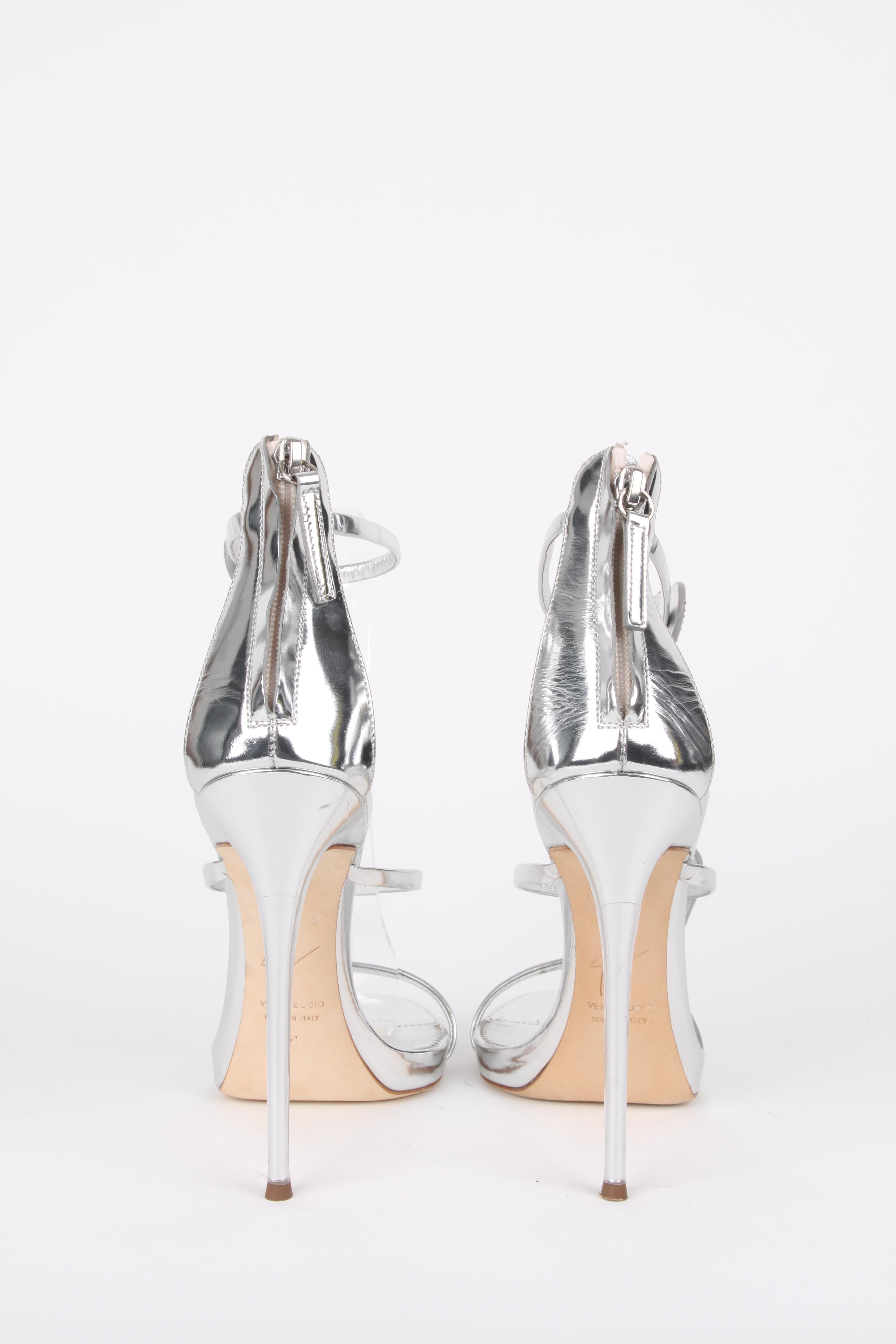 Giuseppe Zanotti Silver Metallic Swarovski Crystal Heart Strappy High-Heel Sanda For Sale 1