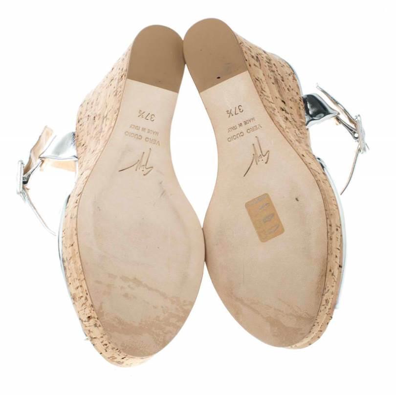 Beige Giuseppe Zanotti Silver Patent Leather Cork Platform Wedge Sandals Size 37.5