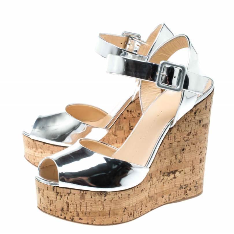 Women's Giuseppe Zanotti Silver Patent Leather Cork Platform Wedge Sandals Size 37.5