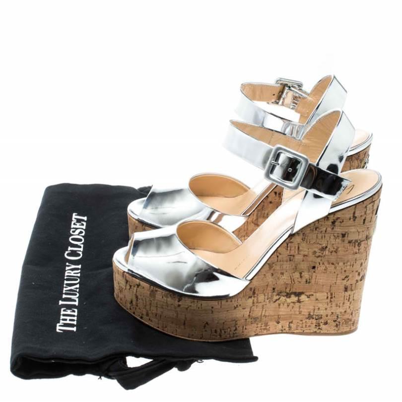 Giuseppe Zanotti Silver Patent Leather Cork Platform Wedge Sandals Size 37.5 2