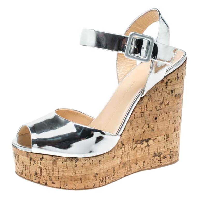 Giuseppe Zanotti Silver Patent Leather Cork Platform Wedge Sandals Size  37.5 at 1stDibs