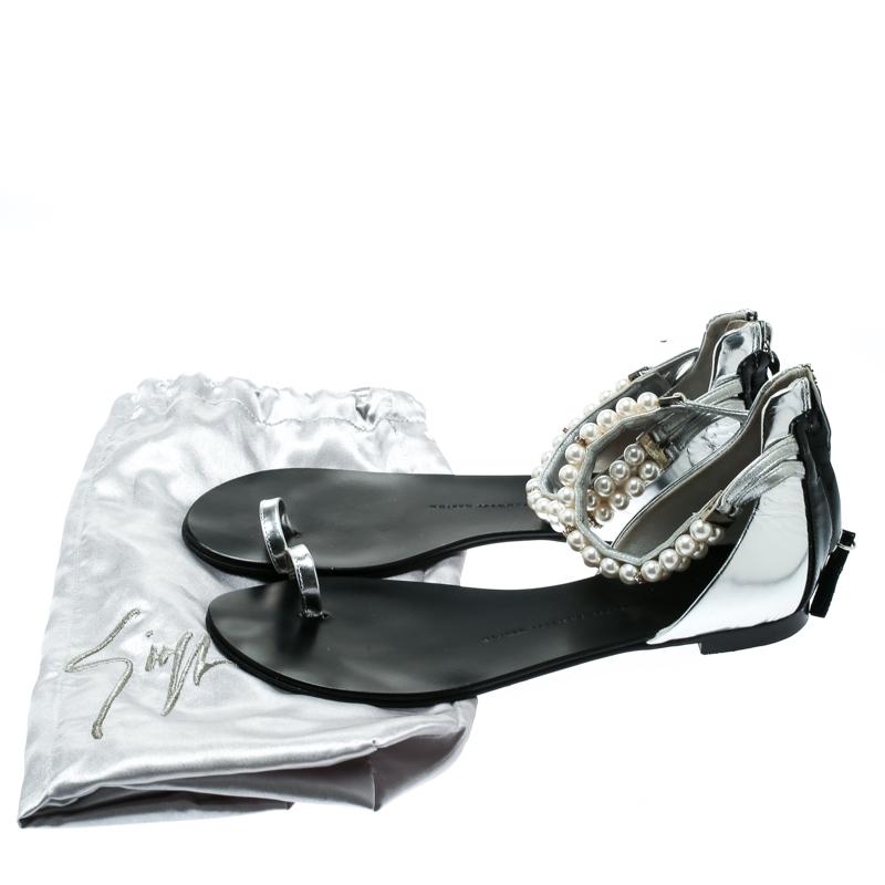 Giuseppe Zanotti Silver Patent Leather Pearl Ankle Strap Flats Size 38 For Sale 1