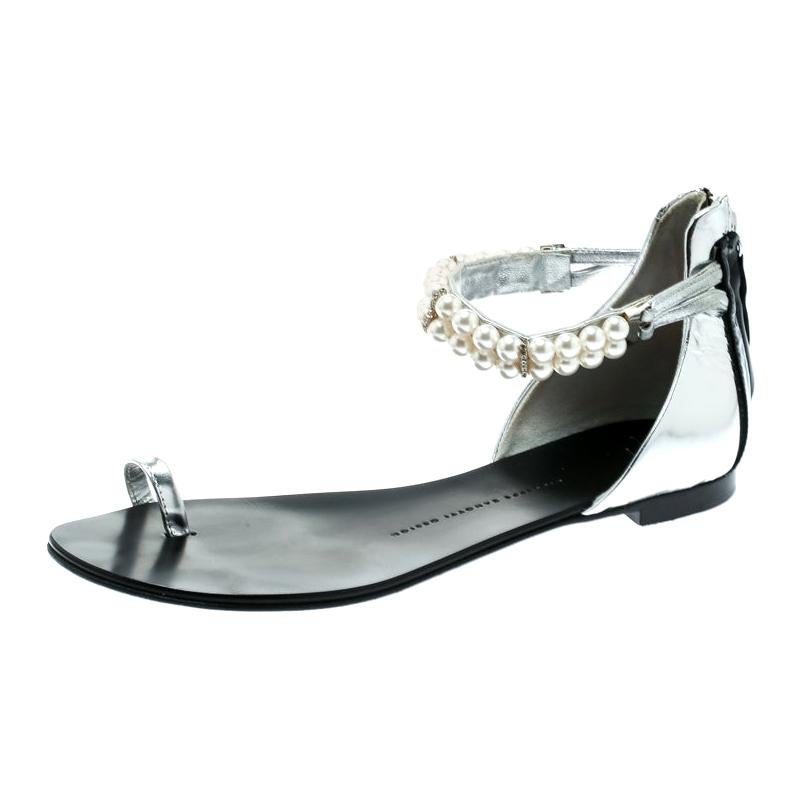 Giuseppe Zanotti Silver Patent Leather Pearl Ankle Strap Flats Size 38