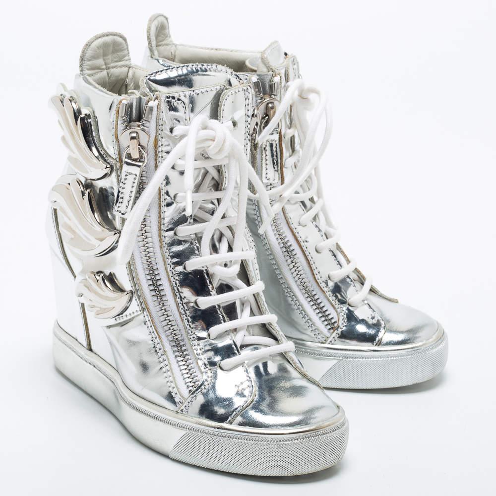 Women's Giuseppe Zanotti Silver Patent Leather Wedge Sneakers Size 35