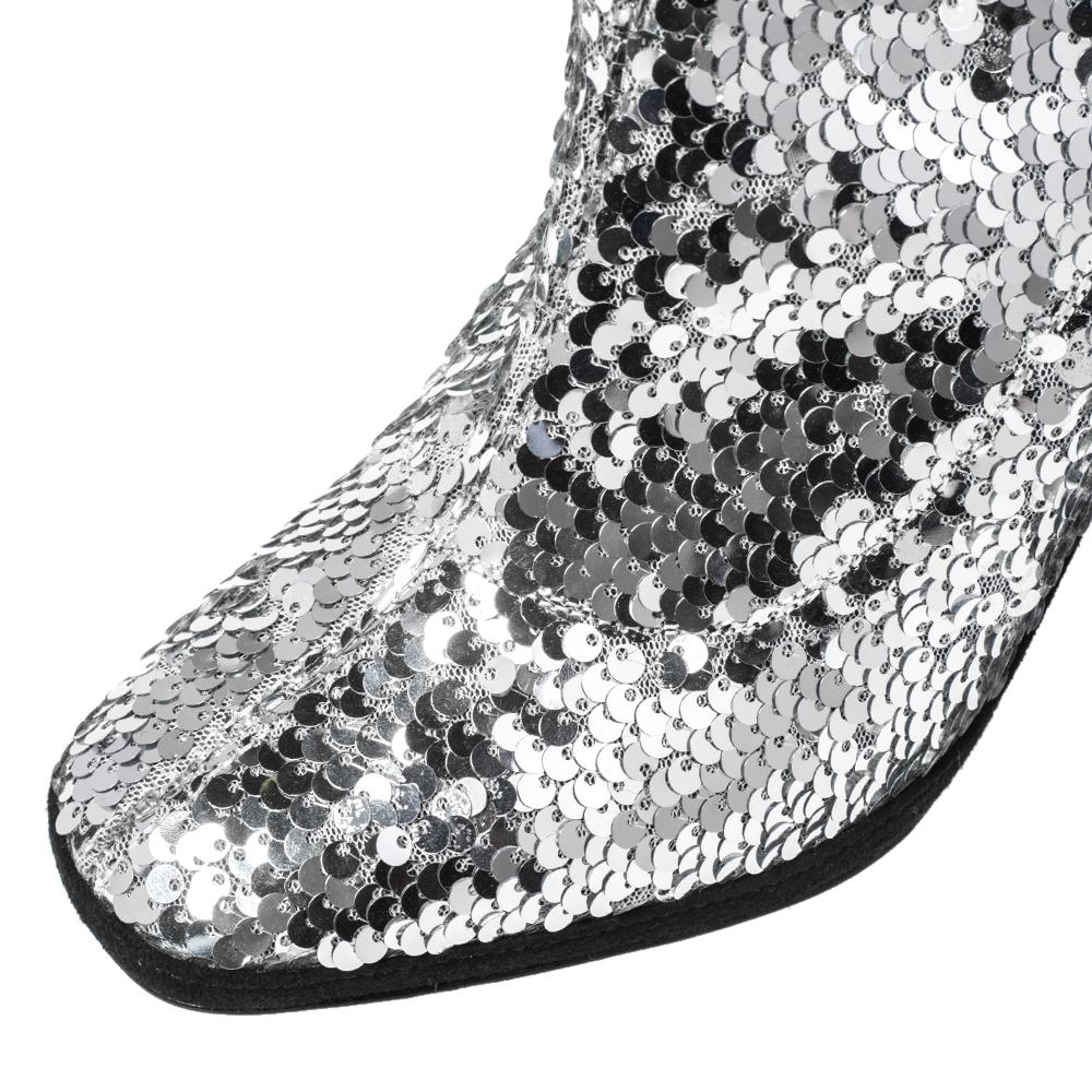 Black Giuseppe Zanotti Silver Sequin Embellished Ankle Boots Size 36 For Sale