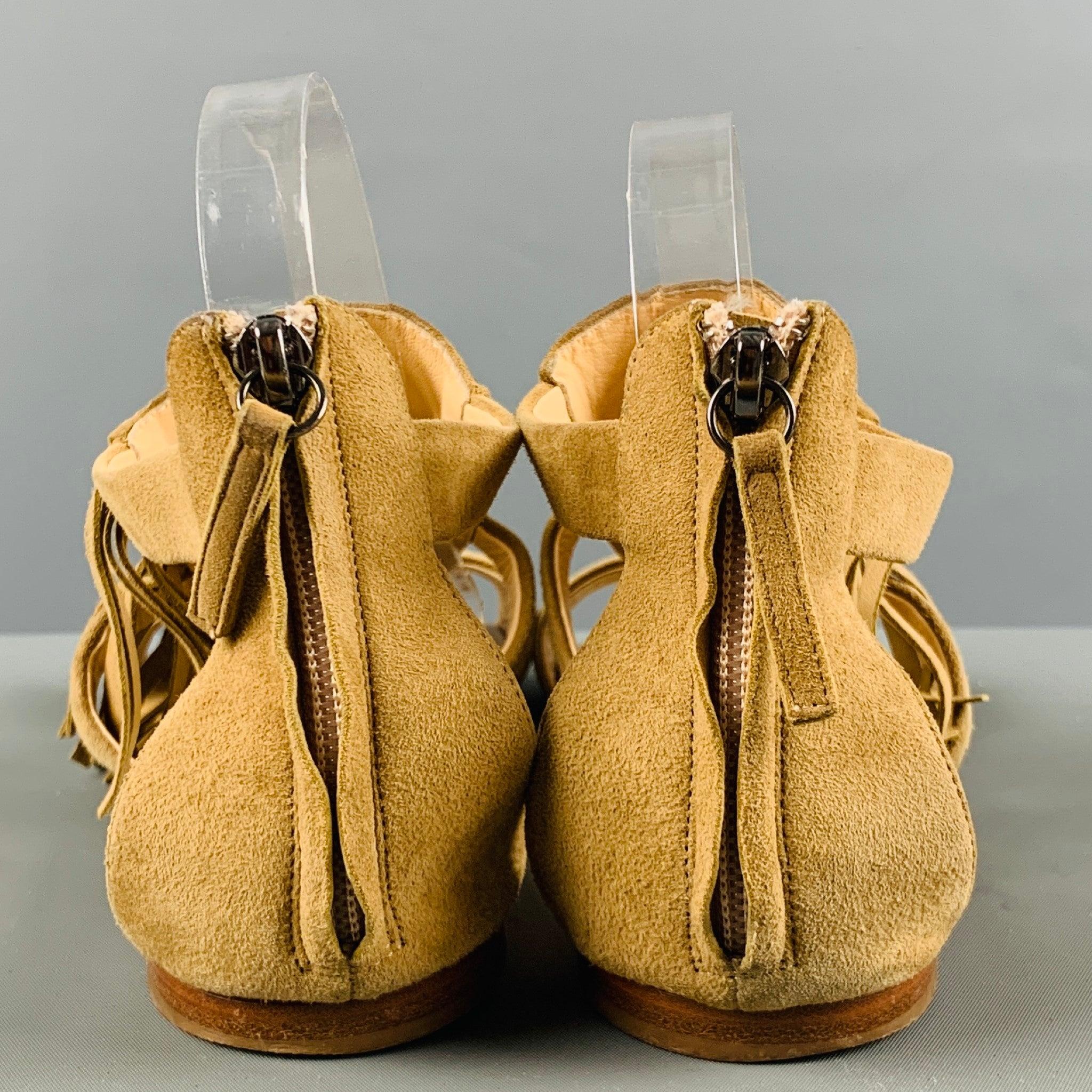 GIUSEPPE ZANOTTI Size 10 Beige Suede Studded Fringed Sandals In Good Condition For Sale In San Francisco, CA