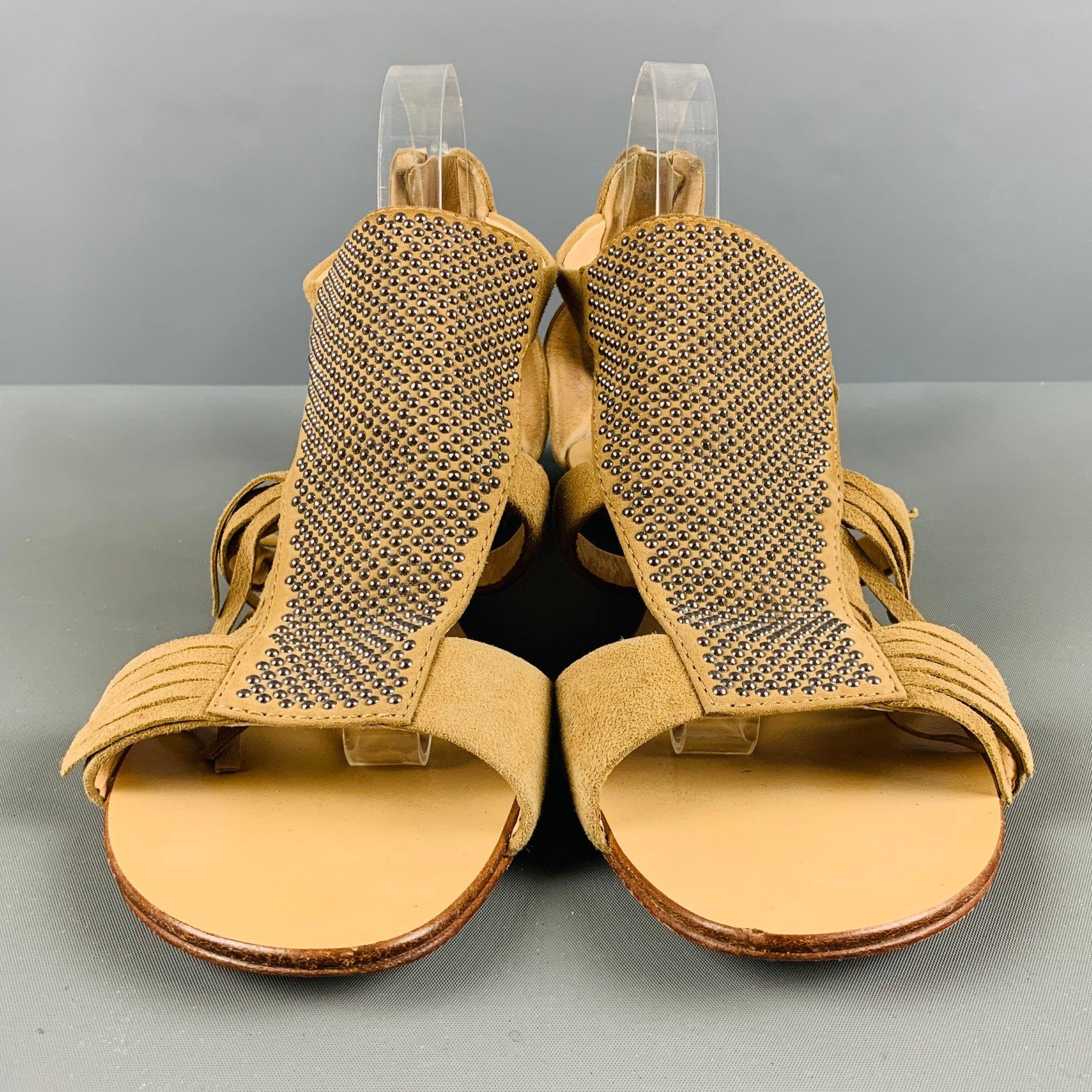 GIUSEPPE ZANOTTI Größe 10 Beige Wildleder-Sandalen mit Nieten und Fransen Damen im Angebot