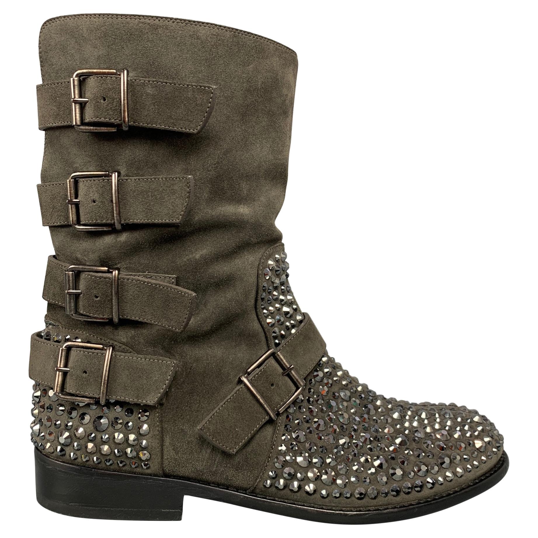 GIUSEPPE ZANOTTI Size 10 Grey Crystal Suede Multi Strap Biker Boots For  Sale at 1stDibs
