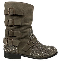 GIUSEPPE ZANOTTI Size 10 Grey Crystal Suede Multi Strap Biker Boots