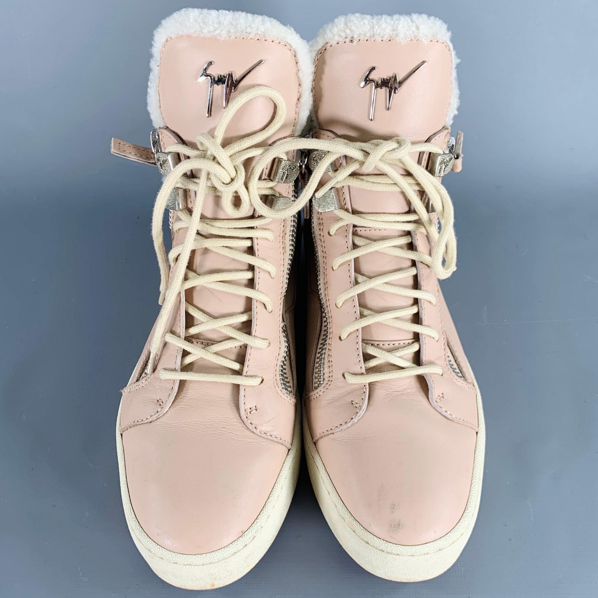 GIUSEPPE ZANOTTI Taglia 10 Scarpe da ginnastica alte in pelle rosa crema con lacci e cinturini In condizioni buone in vendita a San Francisco, CA