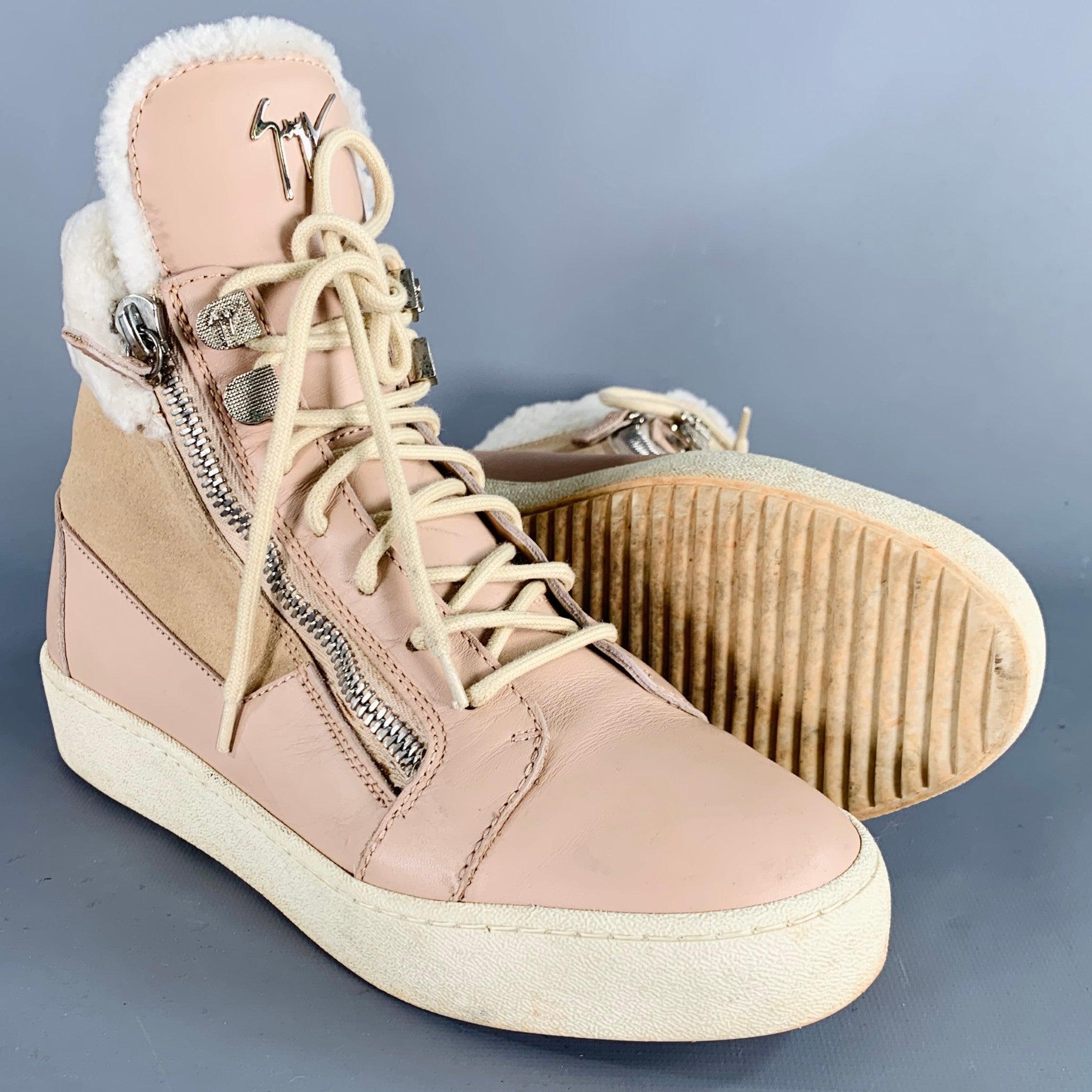 Donna GIUSEPPE ZANOTTI Taglia 10 Scarpe da ginnastica alte in pelle rosa crema con lacci e cinturini in vendita