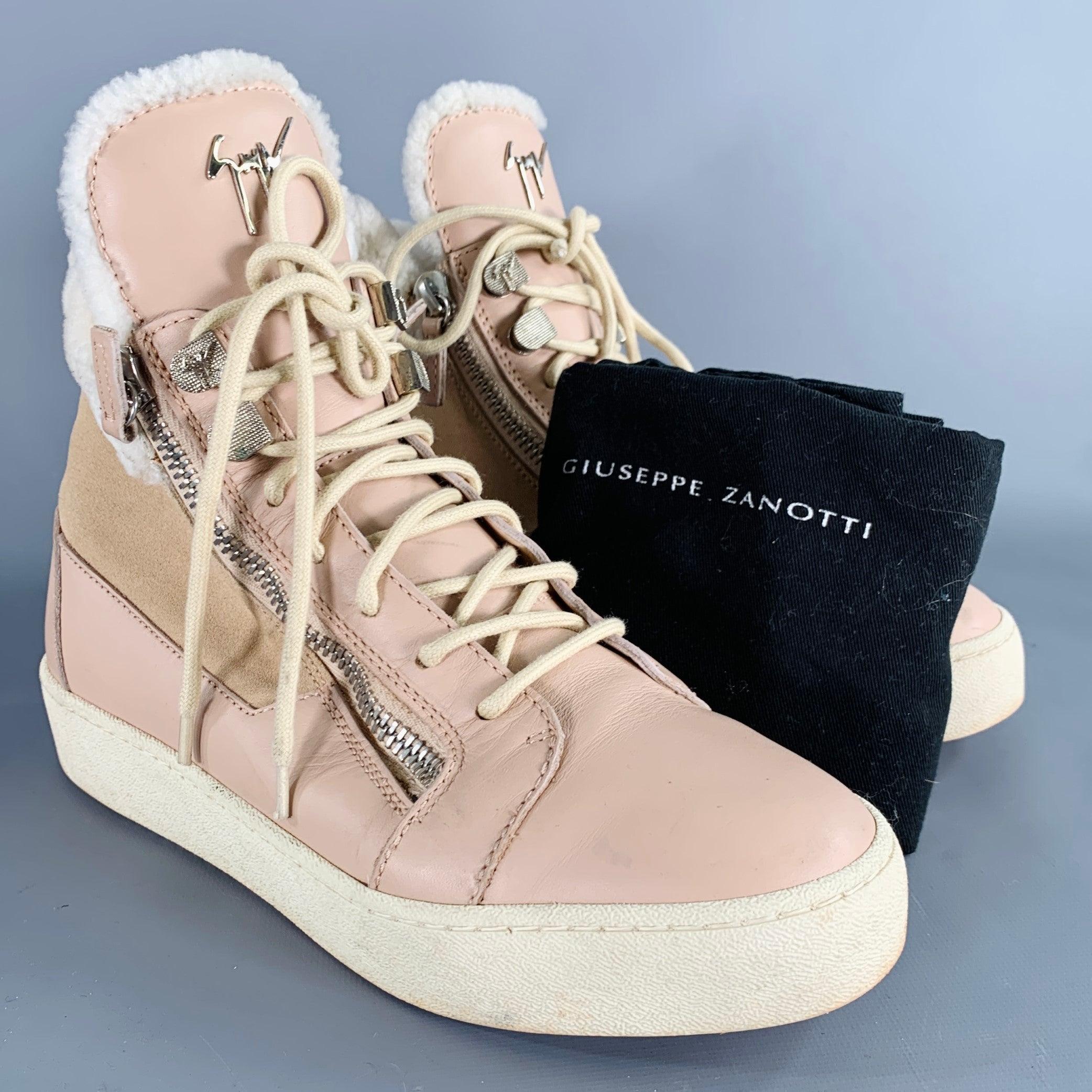 GIUSEPPE ZANOTTI Taglia 10 Scarpe da ginnastica alte in pelle rosa crema con lacci e cinturini in vendita 3