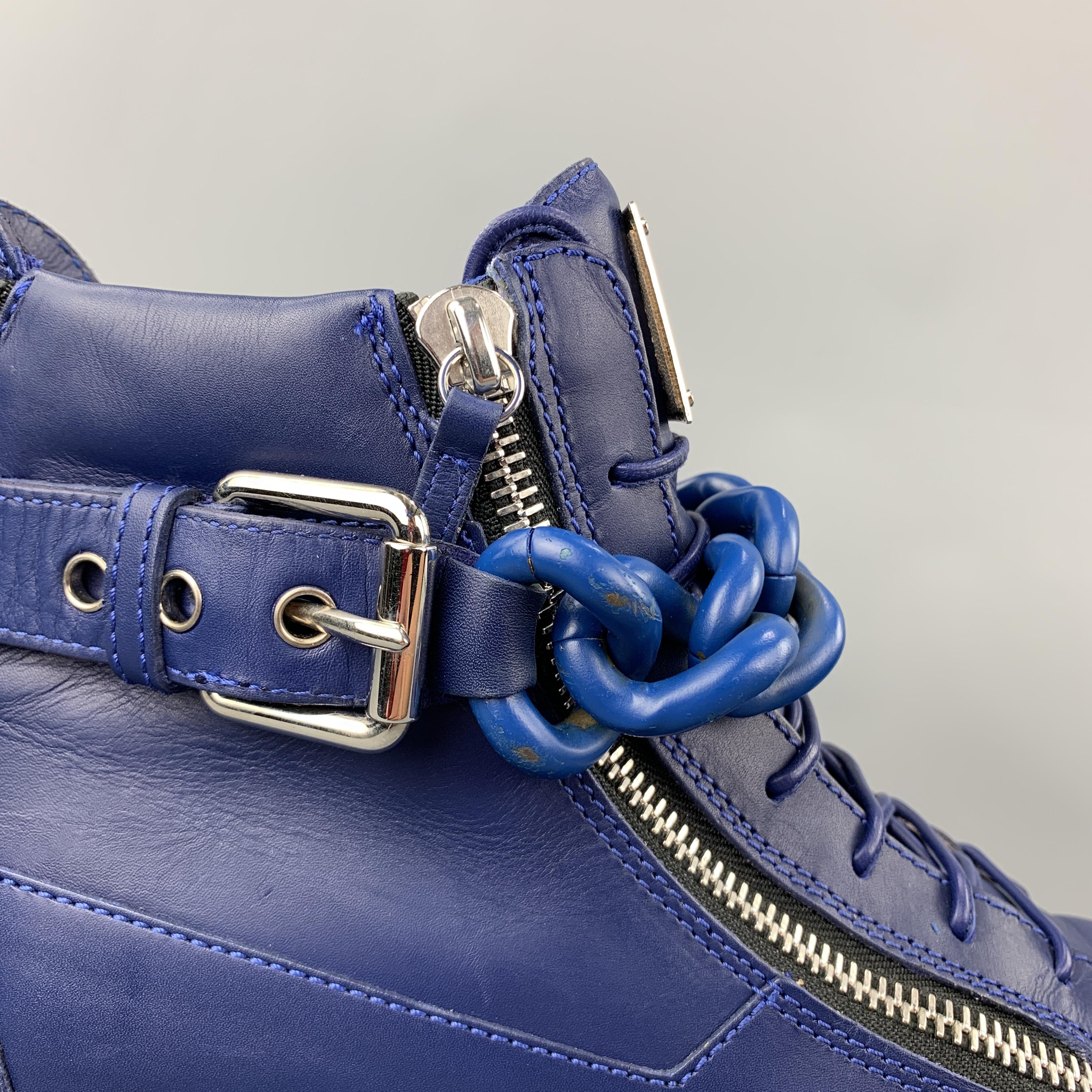 GIUSEPPE ZANOTTI Size 10 Solid Blue Leather High Top Sneakers In Good Condition In San Francisco, CA