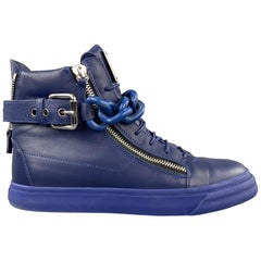GIUSEPPE ZANOTTI Size 10 Solid Blue Leather High Top Sneakers