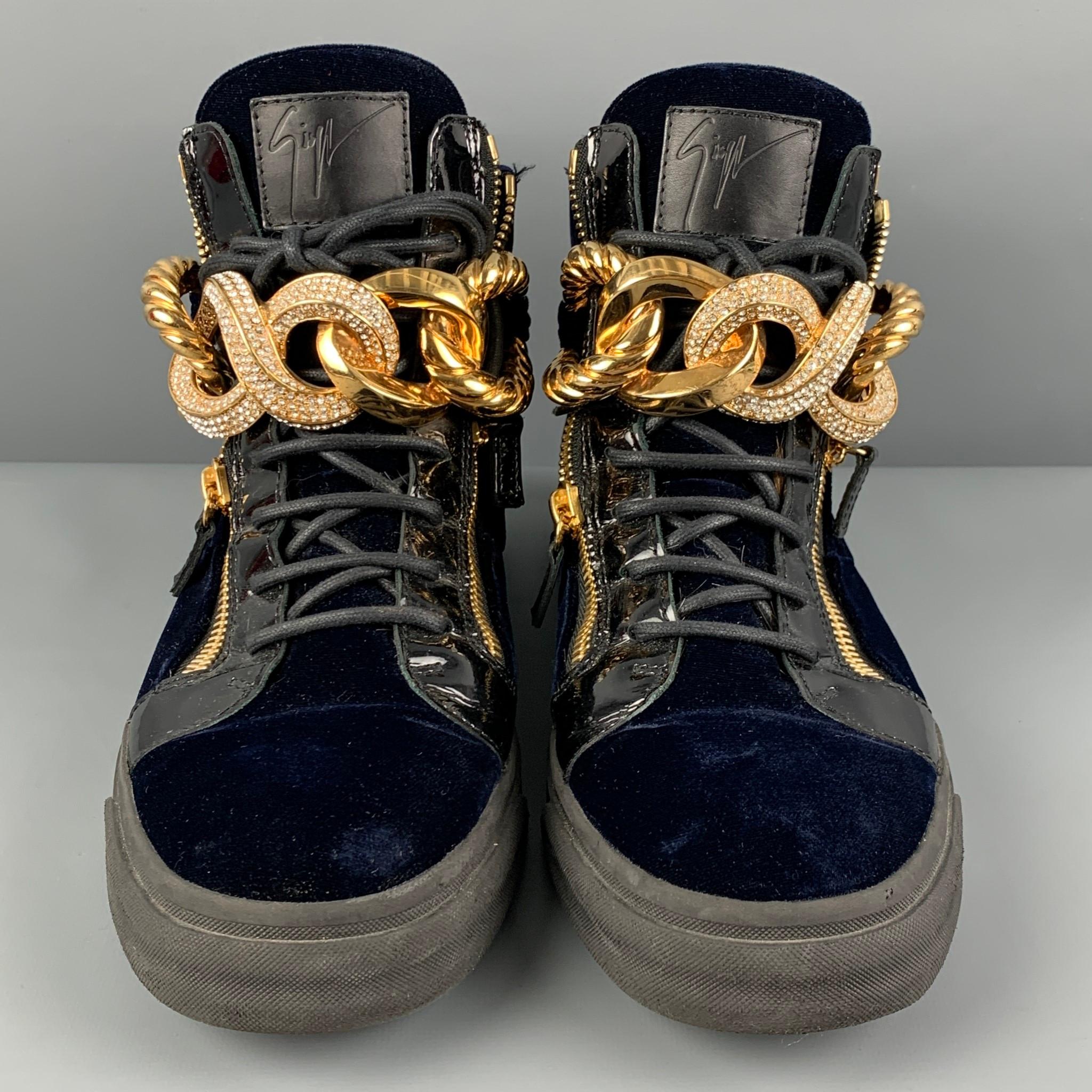GIUSEPPE ZANOTTI Size 10.5 Navy Velvet Crystal Chain-Front High Top Sneakers 2
