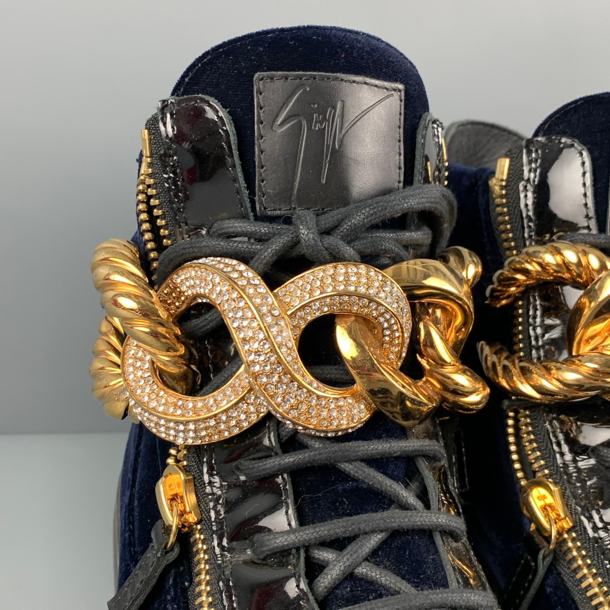 GIUSEPPE ZANOTTI Size 10.5 Navy Velvet Crystal Chain-Front High Top Sneakers 3