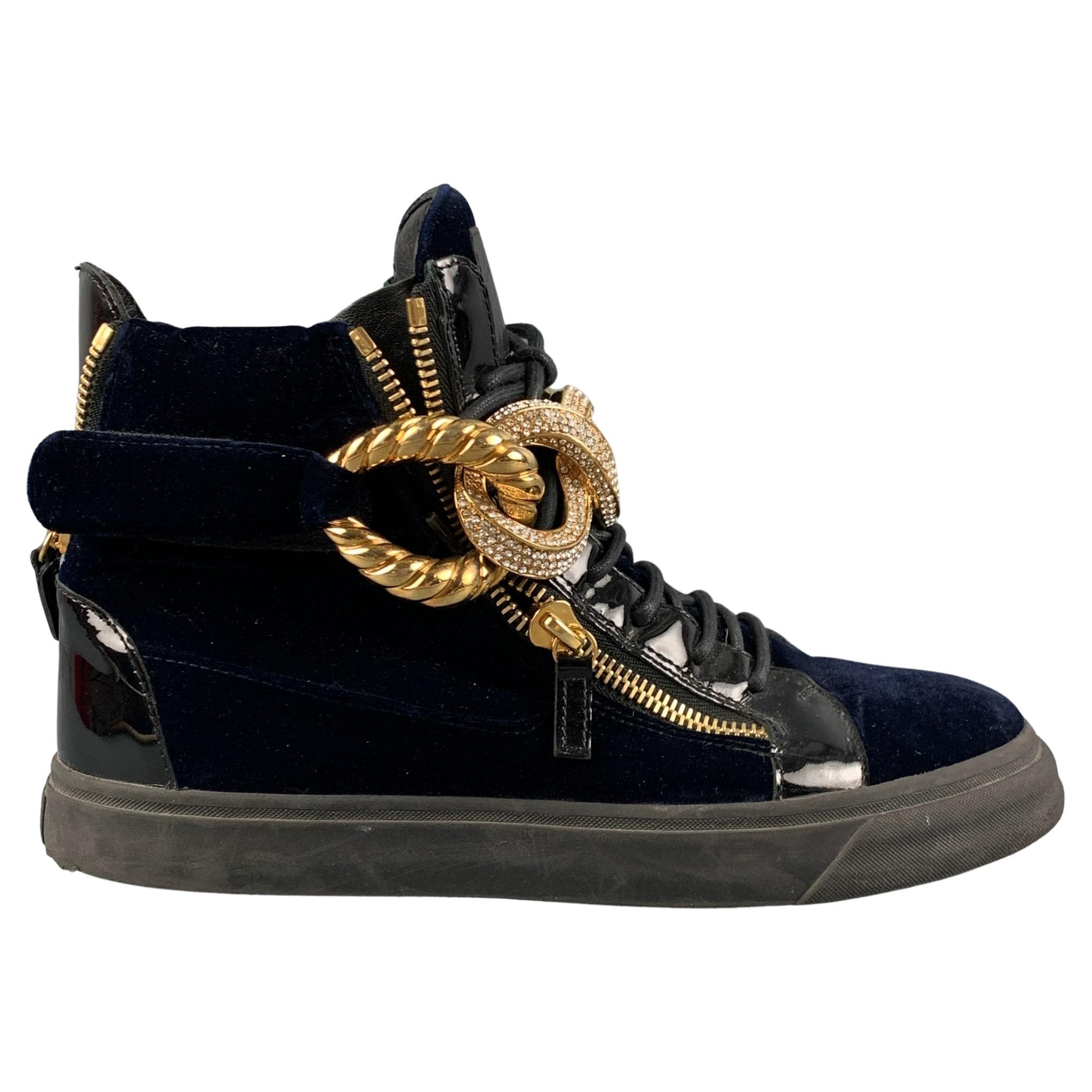 GIUSEPPE ZANOTTI Size 10.5 Navy Velvet Crystal Chain-Front High Top Sneakers